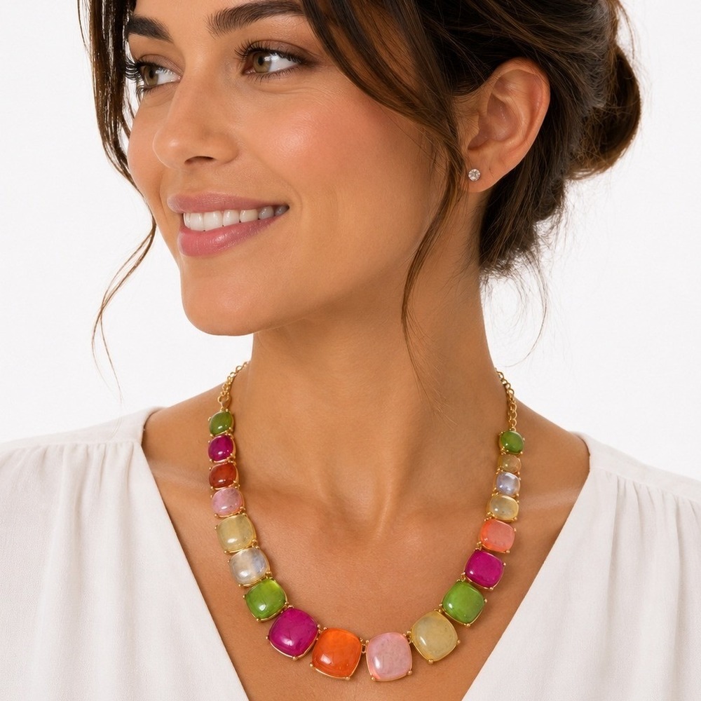 Colorful Statement Bib Necklace Gold Tone Pastel Resin Cabochon Adjustable